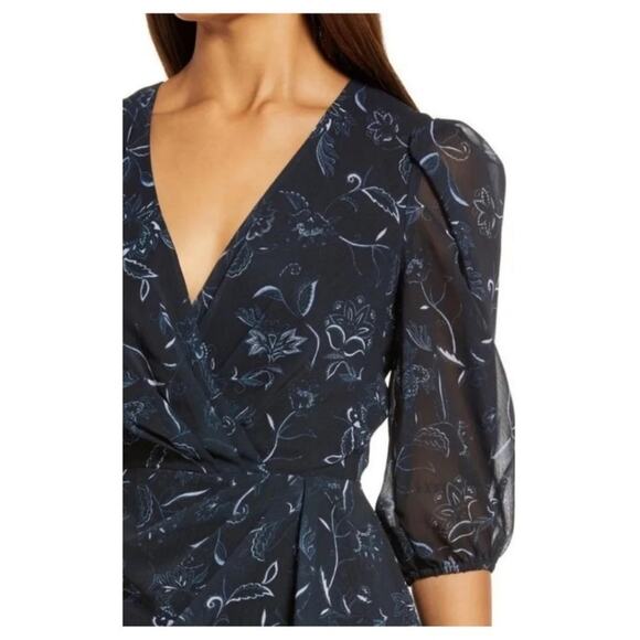 New Halogen Chiffon Faux Wrap Surplice Midi Dress in Bali Floral - Picture 2 of 11